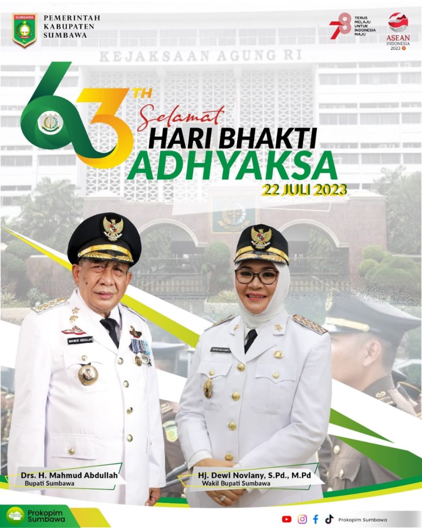 Bupati Sumbawa Drs H. Mahmud Abdullah dan Wakil Bupati Sumbawa, Hj Dewi Noviany S. Pd M. Pd, mengucapkan Selamat Hari Bhakti Adhyaksa tahun 2023.