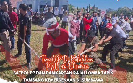 Tim Kepala OPD Kalahkan  PWI di Eksebisi, Satpol PP dan Damkartan Rajai Lomba Tarik Tambang Kemerdekaan di Sumbawa