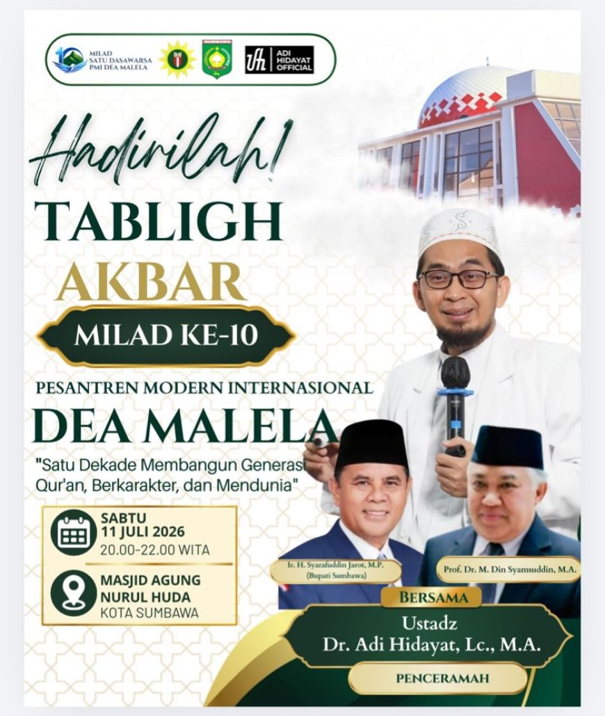 Digelar di Masjid Agung Nurul Huda, Tabligh Akbar Milad ke-10 PMI Dea Malela Hadirkan Ustadz Adi Hidayat